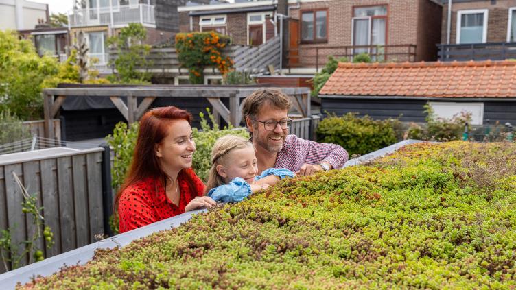 Een man, vrouw en kind kijken lachend naar een groen dak