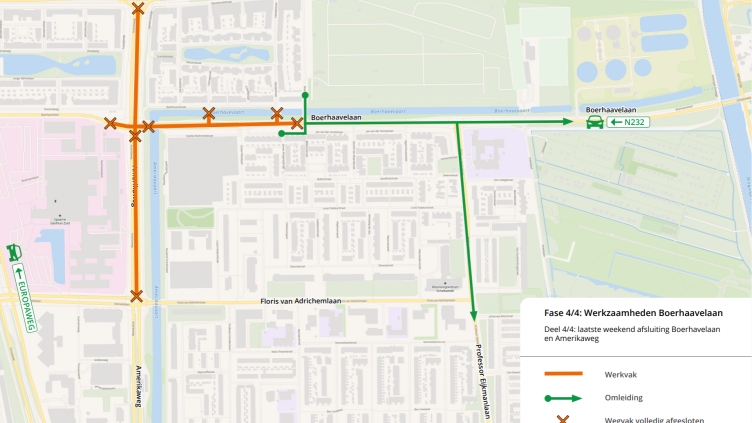 Kaart van de wegafsluiting en omleidingsroutes