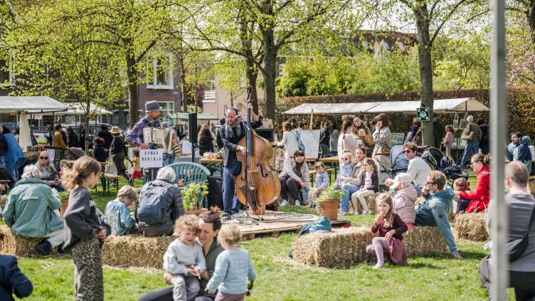 Publiek zit in het gras te luisteren naar muzikanten