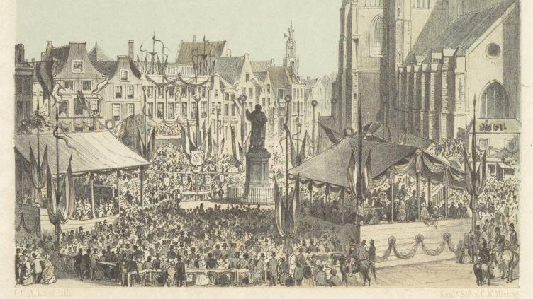 Onthulling van het standbeeld van Laurens Janszoon Coster op de Grote Markt in 1856