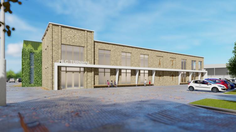 Digitale schets van de nieuwe turnhal.