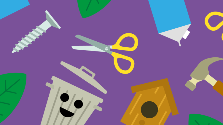 Tekening met schaar, prullenbak, schroef, bladeren, melkpak en vogelhuisje