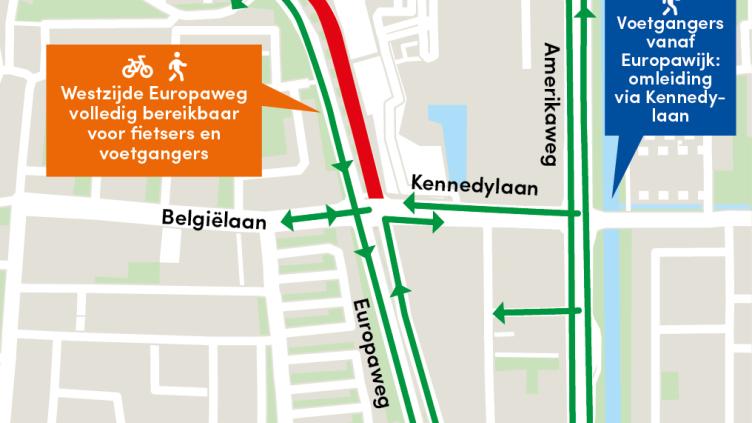 Kaart met verkeersomleidingen vanwege de werkzaamheden op de Europaweg