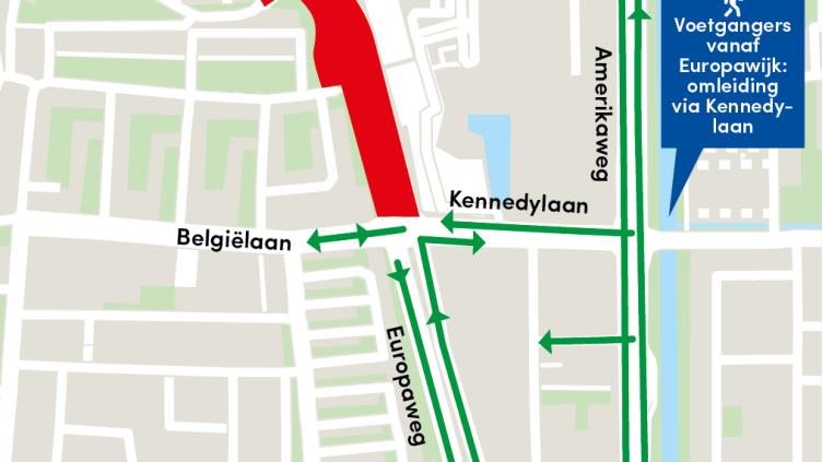 Kaart met verkeersomleidingen vanwege de werkzaamheden op de Europaweg