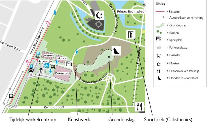 Kaart van het deel van het Reinaldapark waar het tijdelijke winkelcentrum komt
