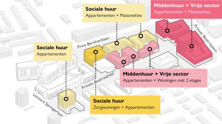 Kaartje met de plekken waar nieuwe woningen komen op het Beatrixplein