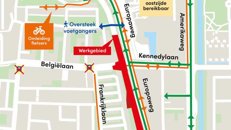 Kaart met verkeersomleidingen vanwege de werkzaamheden op de Europaweg