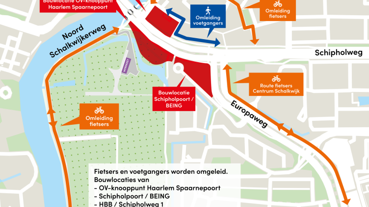 Kaart met omleidingsroutes tijdens werkzaamheden Schipholweg