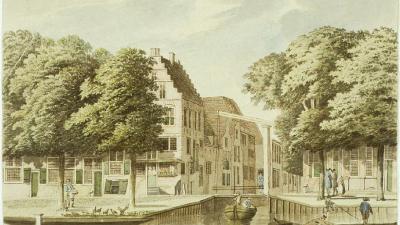 Tekening uit 1782 van het Spaarne bij de Turfmarkt