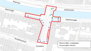 Kaart die de omleidingsroutes aangeeft voor voetgangers en fietsers 