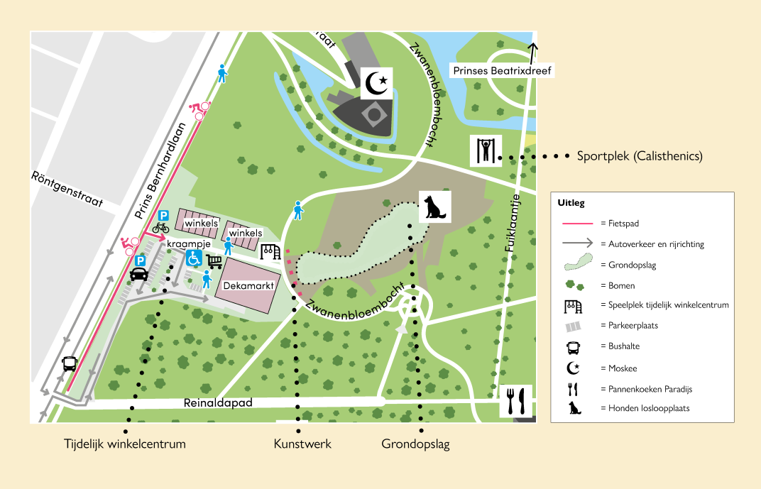 Kaart van het deel van het Reinaldapark waar het tijdelijke winkelcentrum komt