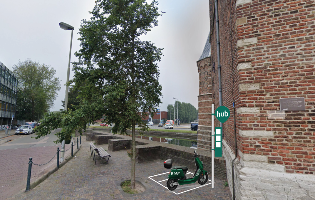 Impressie van een parkeerhub voor deelscooters.