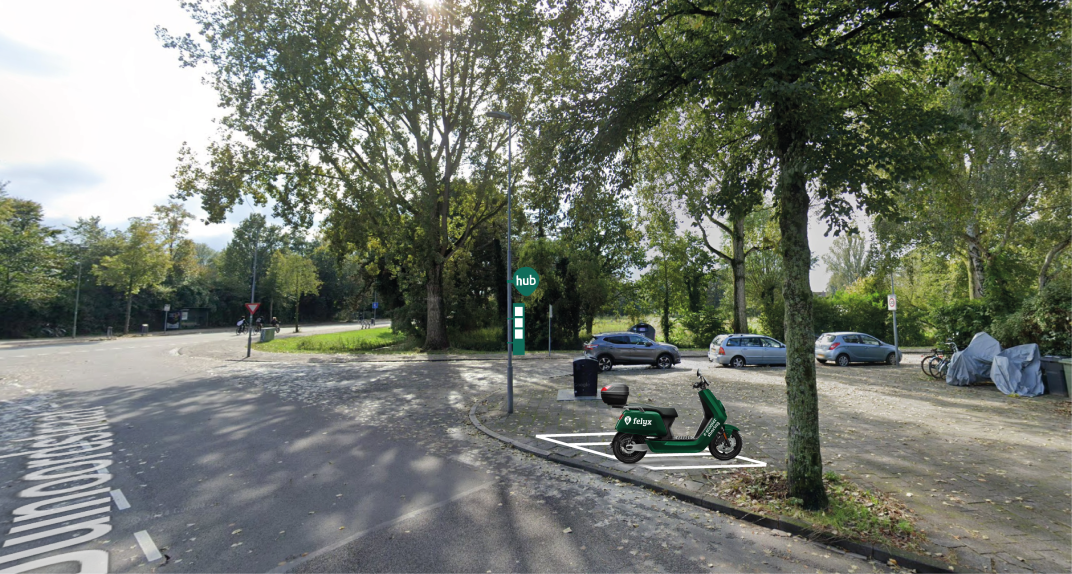 Impressie van een parkeerhub voor deelscooters.
