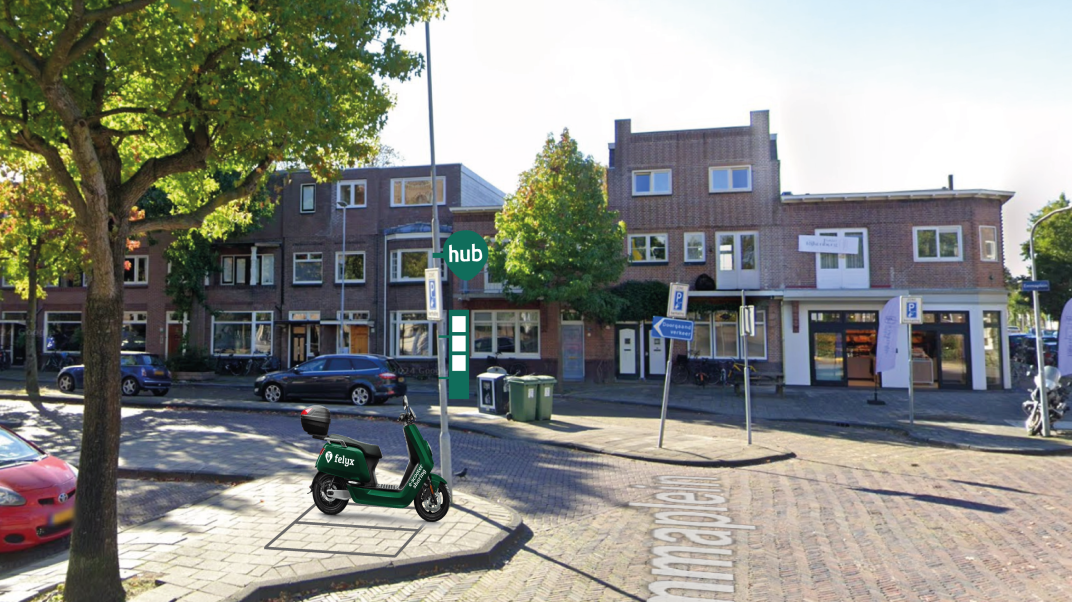 Impressie van een parkeerhub voor deelscooters.