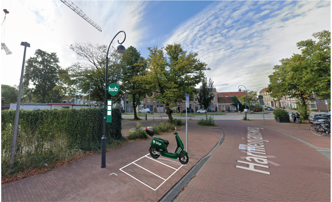 Impressie van een parkeerhub voor deelscooters.