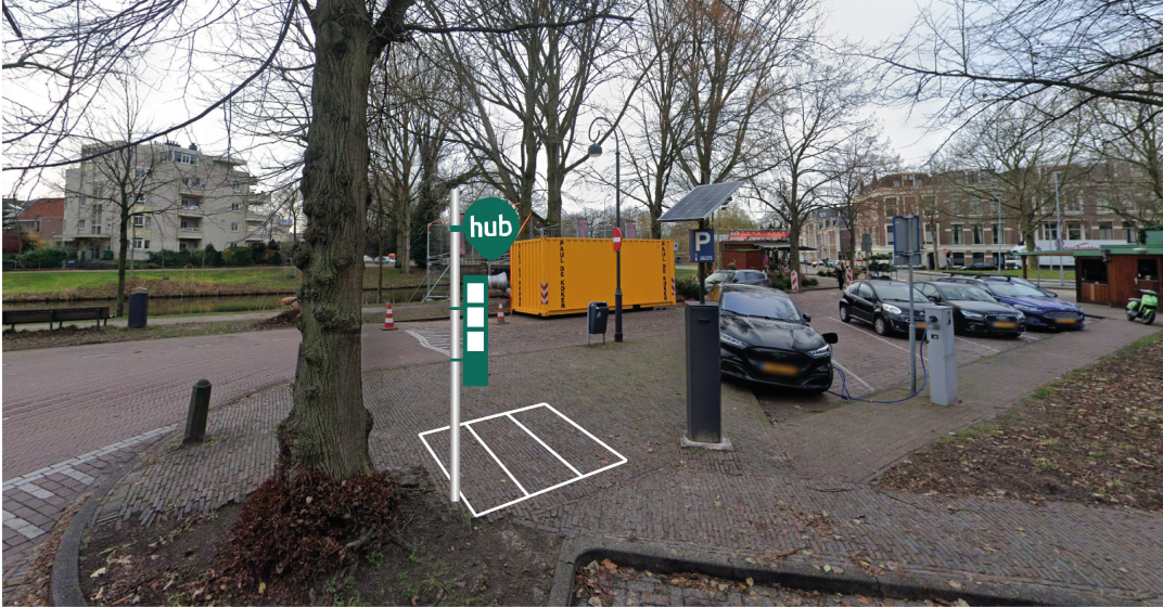 Impressie van een parkeerhub voor deelscooters.