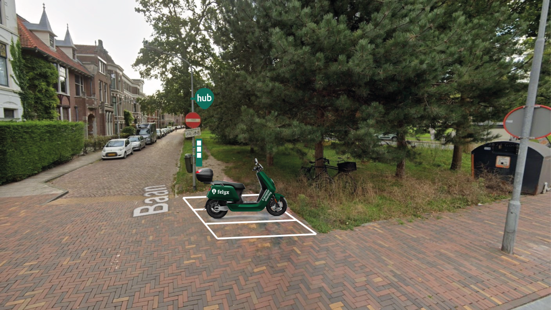 Impressie van een parkeerhub voor deelscooters.
