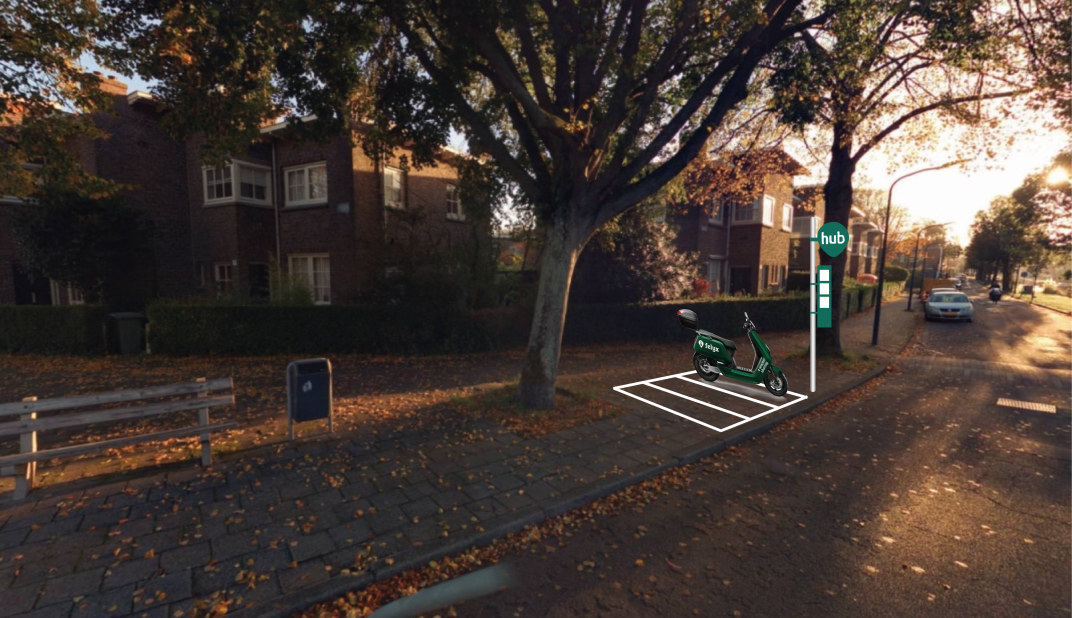 Impressie van een parkeerhub voor deelscooters.