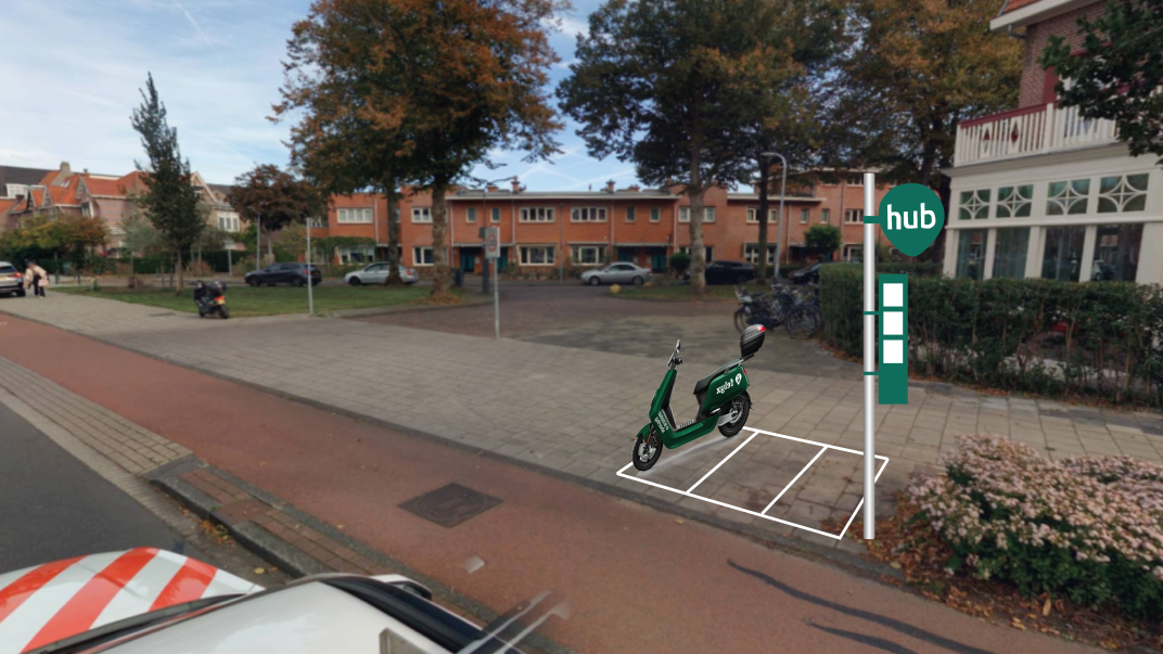 Impressie van een parkeerhub voor deelscooters.