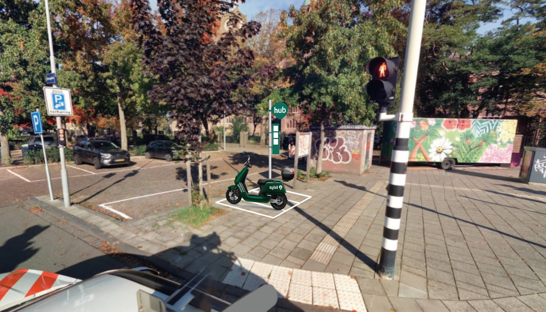 Impressie van een parkeerhub voor deelscooters.