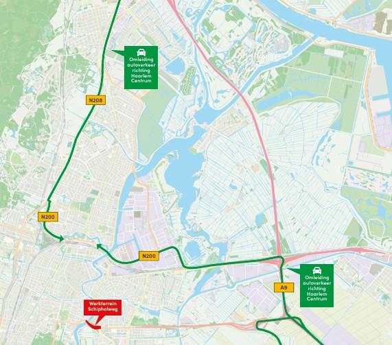 Omleidingen aan de noordzijde van de Schipholweg. Beschrijving in lopende tekst.