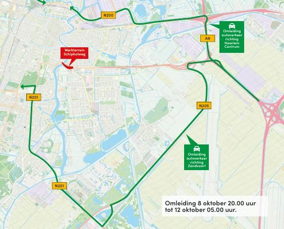 Omleiding aan de zuidzijde van de Schipholweg. Beschrijving in lopende tekst.
