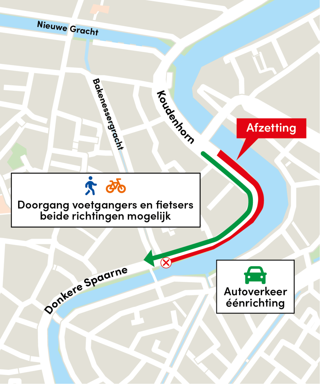 Kaart Donkere Spaarne. Eenrichtingsverkeer voor auto's van noord naar zuid