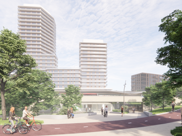 Zuidkant van de tunnel en ingang van de fietsenstalling van het nieuwe OV-knooppunt