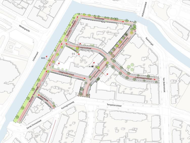 Schematische tekening groot onderhoud Noorder Emmakade en omgeving. Uitleg staat onder de afbeelding