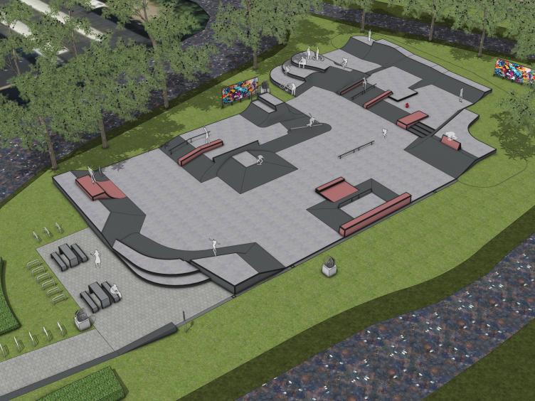 Artist impression van het skatepark, gezien van bovenaf