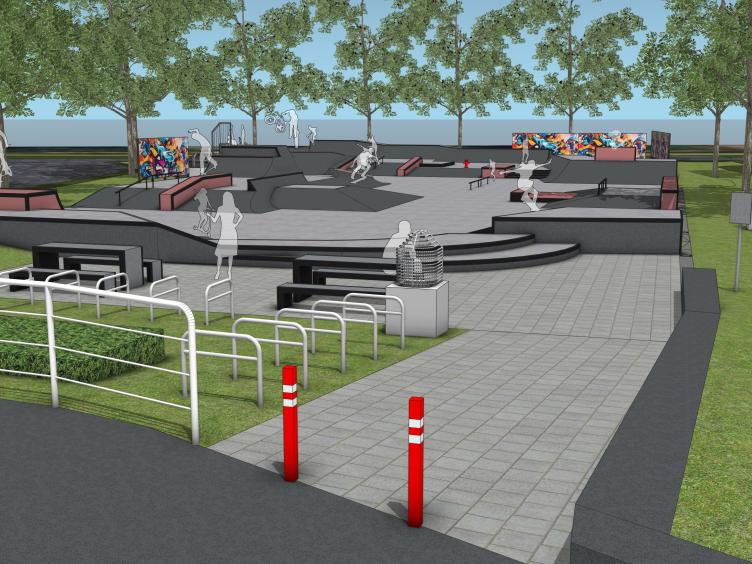 Artist impression van het nieuwe skate park, gezien vanaf de ingang