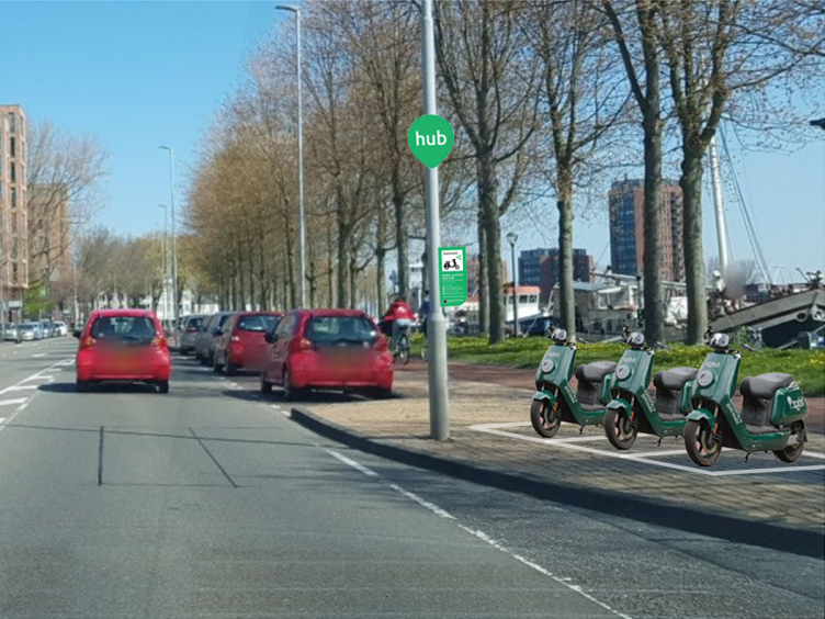 Impressie van de parkeerhub voor deelscooters.