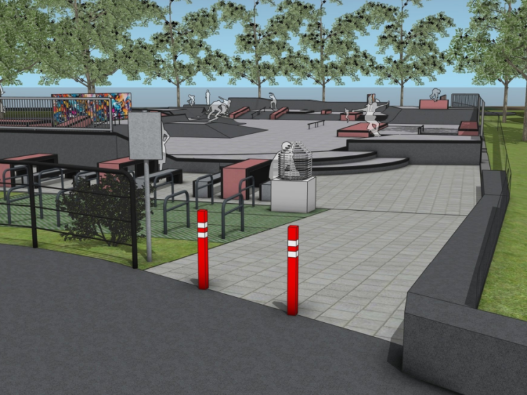 Ontwerp van skatepark 't Landje vanaf de ingang gezien