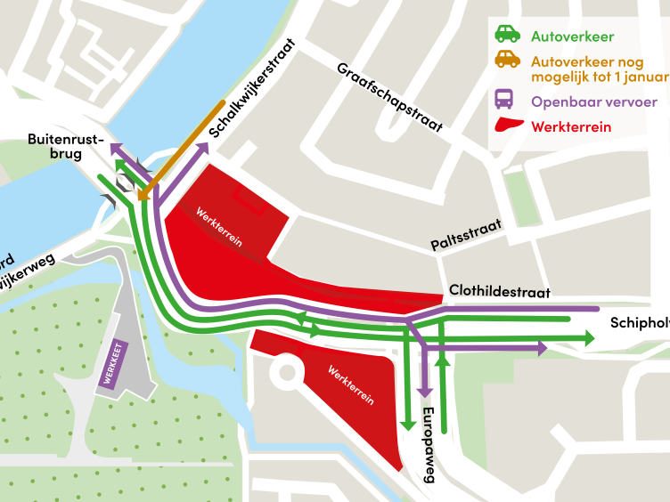 Kaart met omleidingen voor auto's en openbaar vervoer tijdens werkzaamheden Schipholweg tot en met midden 2028