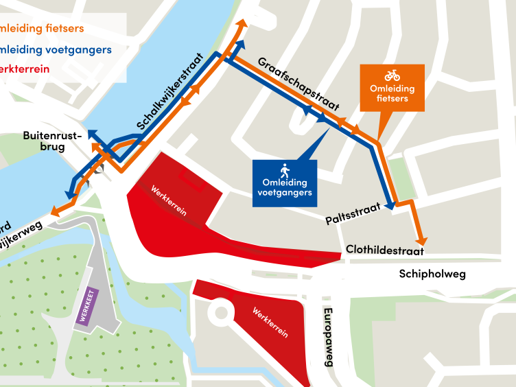 Kaart met omleidingen voor fietsers en voetgangers tijdens werkzaamheden Schipholweg tot en met midden 2028