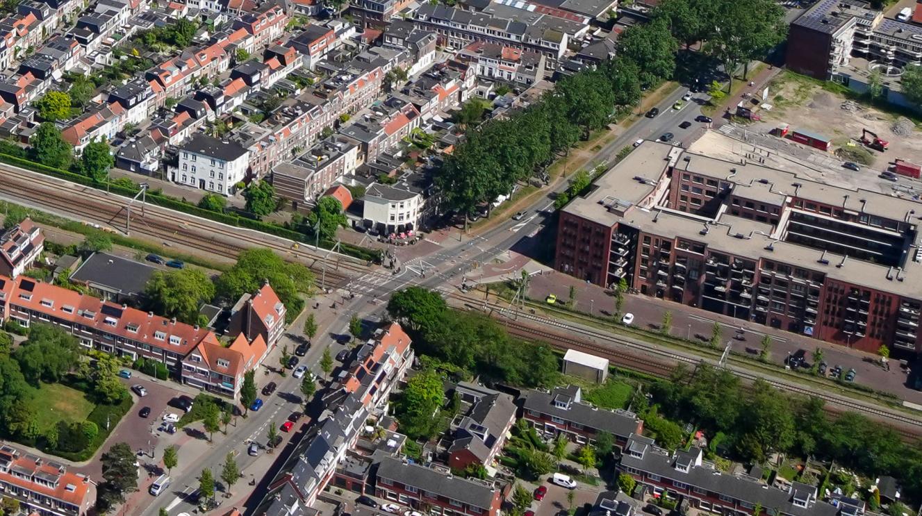 De spoorwegovergang gezien vanuit de lucht