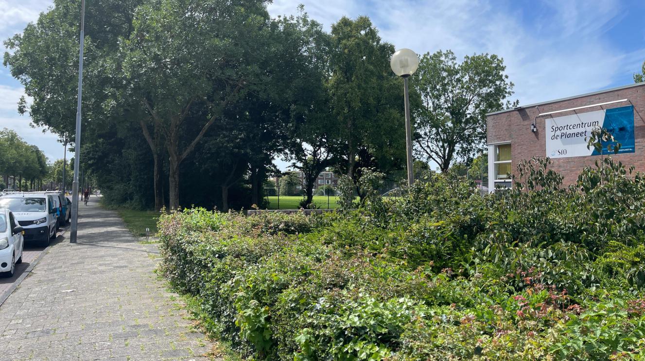 rechts het oude zwembad De Planeet, in de achtergrond een rij bomen waar het nieuwe zwembad achter wordt gebouwd