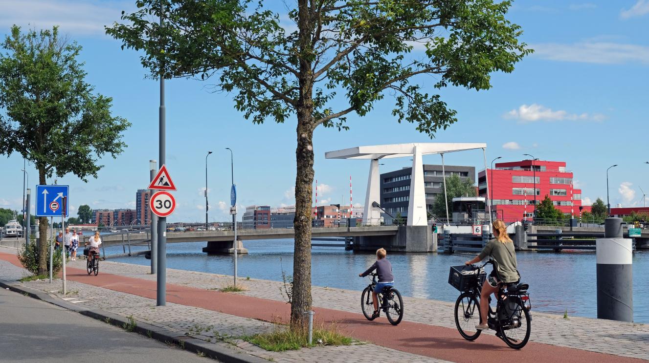 De Waarderbrug voor het groot onderhoud, met op de voorgrond fietsers en bomen